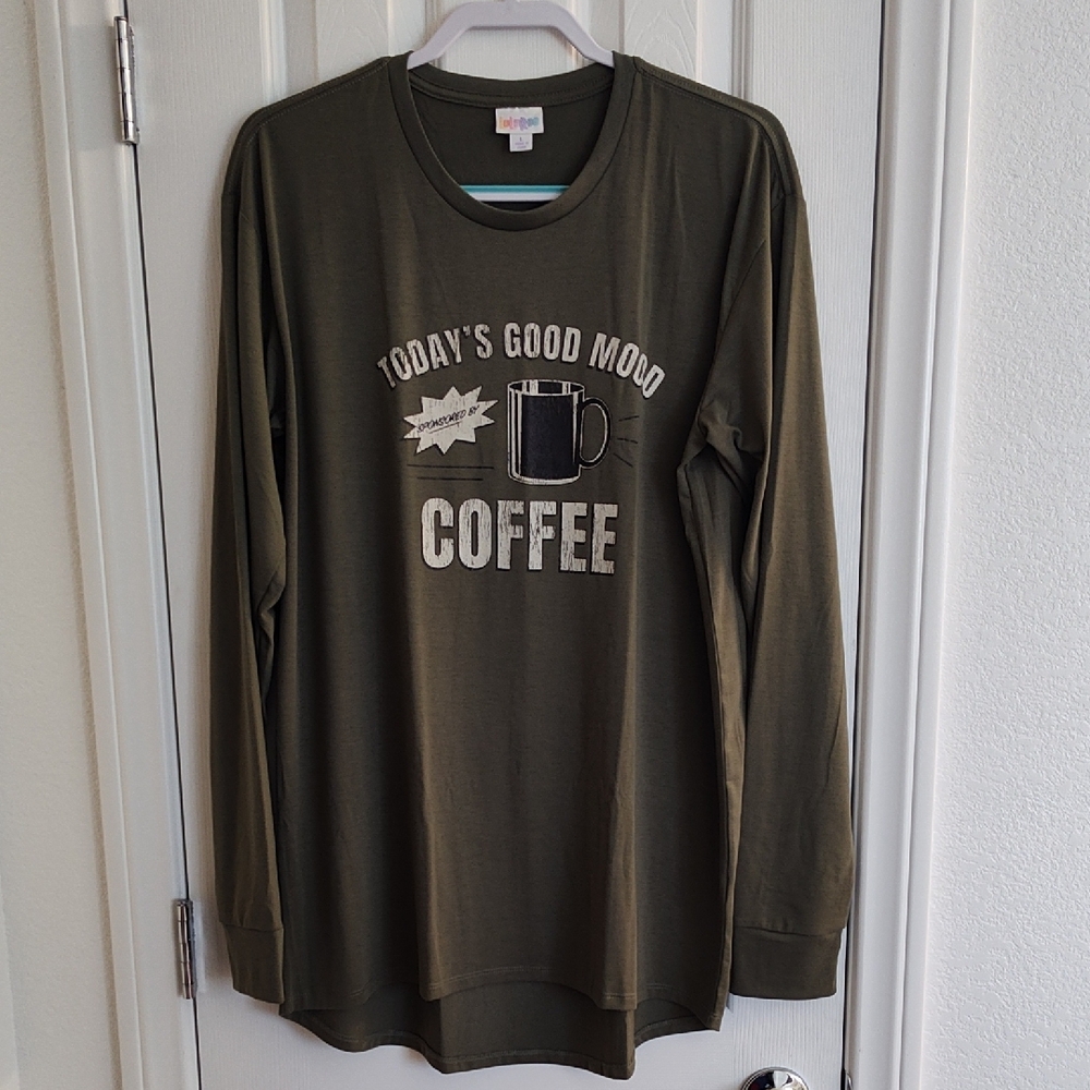 LuLaRoe Hudson Olive Long Sleeve Coffee Graphic Tee Size Large
